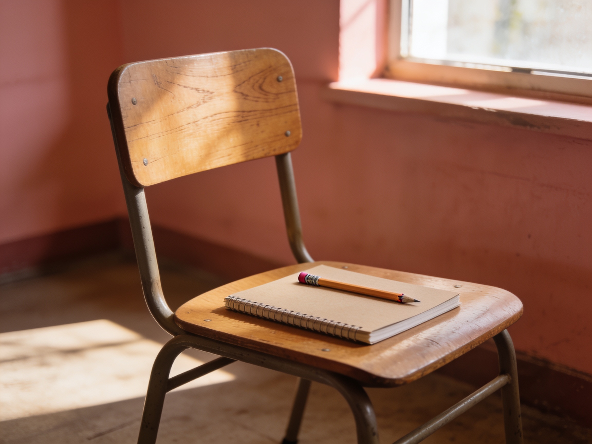 Leerer Schulstuhl mit Notizbuch