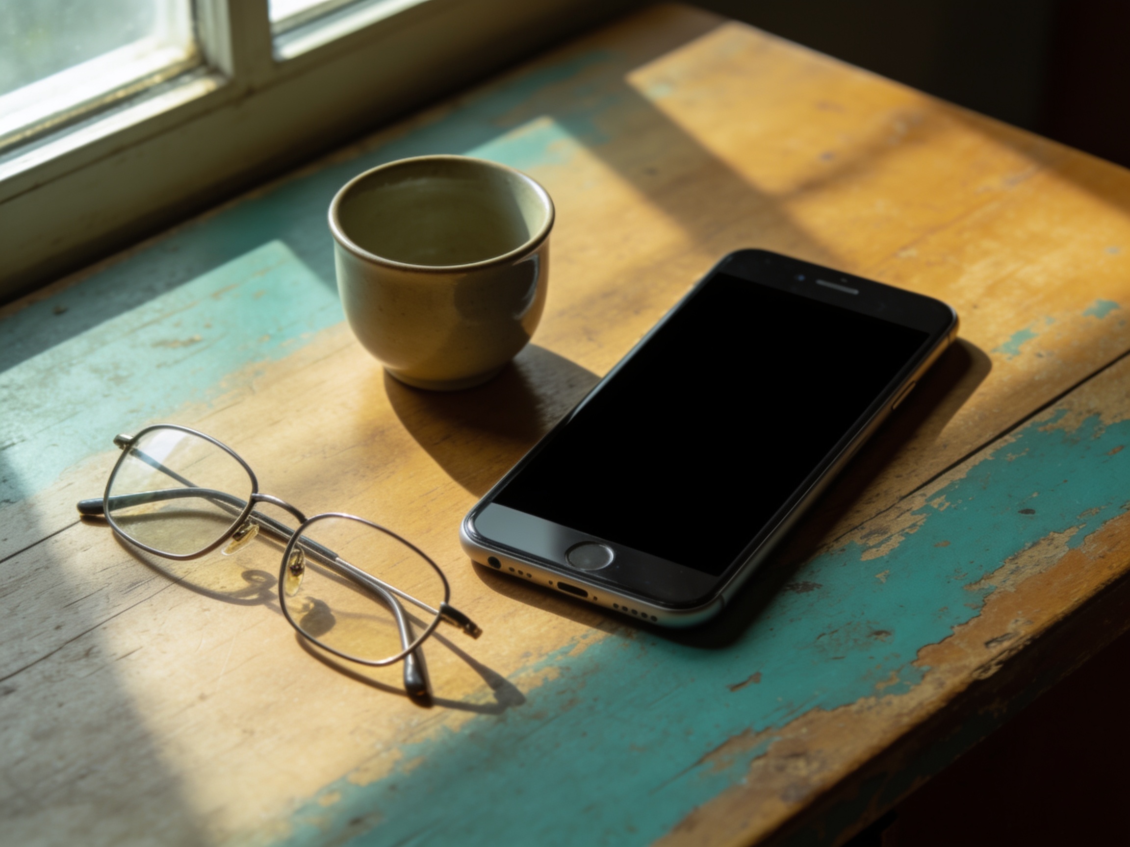 Smartphone und Tasse auf einem Holztisch