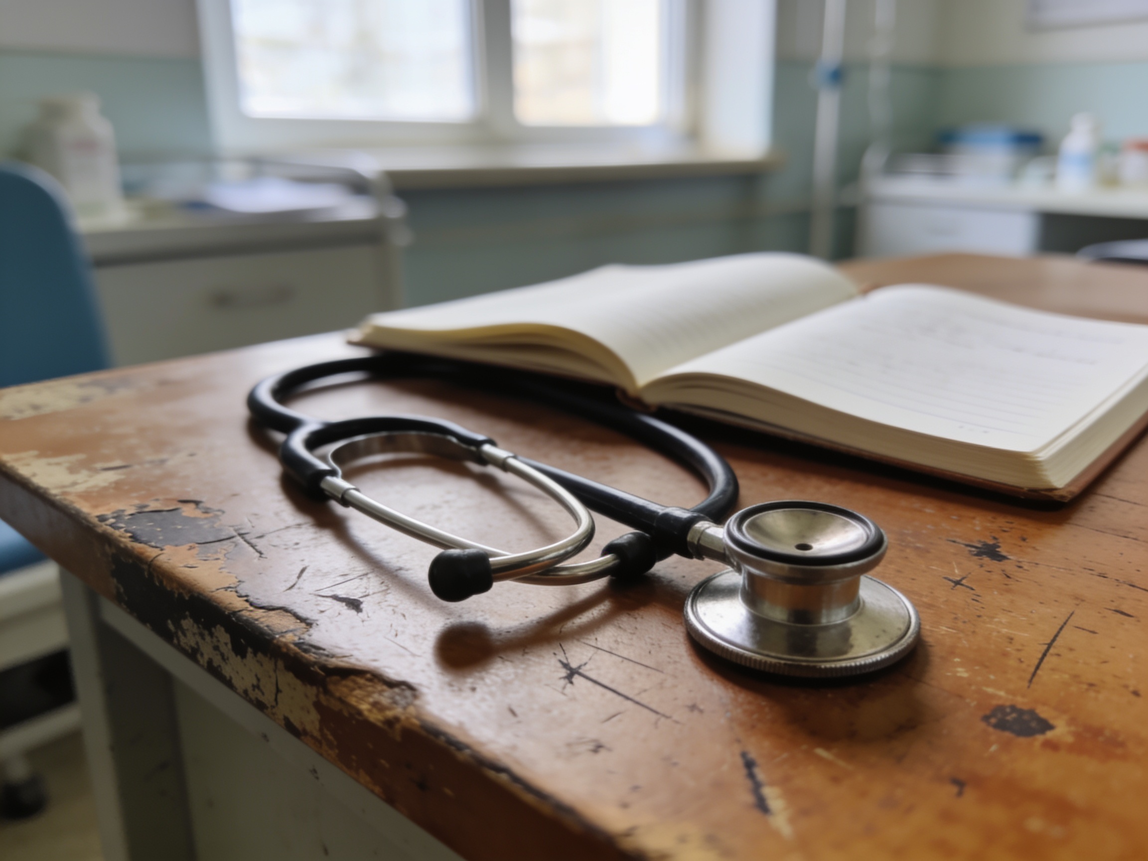 Stethoskop und Notizbuch auf einem Klinik-Schreibtisch