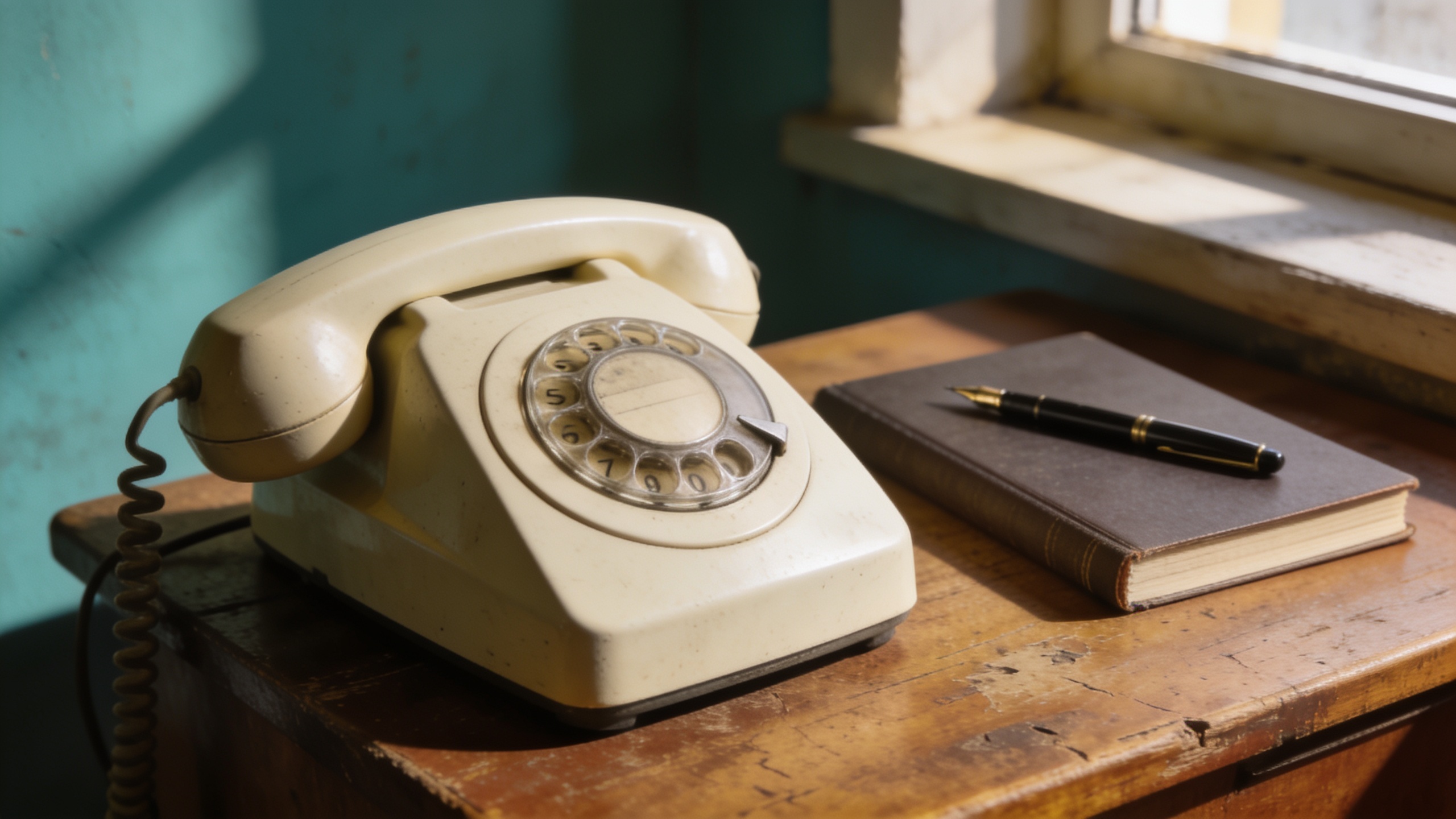 Wählscheibentelefon und Notizbuch auf einem Holztisch